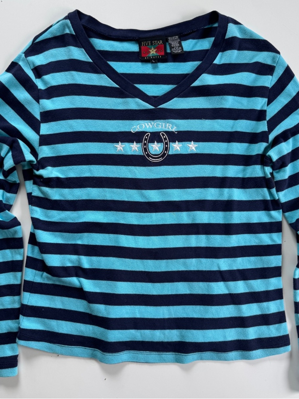 Vintage Y2K Five Star By Roper Cowgirl Embroidered Blue Striped V Neck Shirt - L